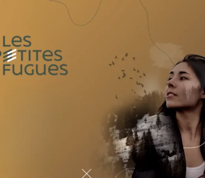 Affiche « Les Petites Fugues » avec le portrait d’une jeune femme intégré à un paysage de montagne et de forêt.